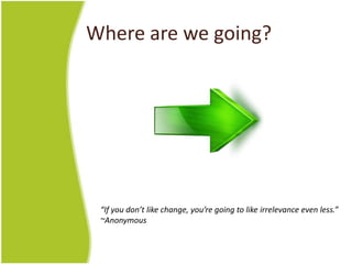 Where are we going?




 “If you don’t like change, you’re going to like irrelevance even less.”
 ~Anonymous
 