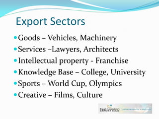 Export Sectors
Goods – Vehicles, Machinery
Services –Lawyers, Architects
Intellectual property - Franchise
Knowledge Base – College, University
Sports – World Cup, Olympics
Creative – Films, Culture
 