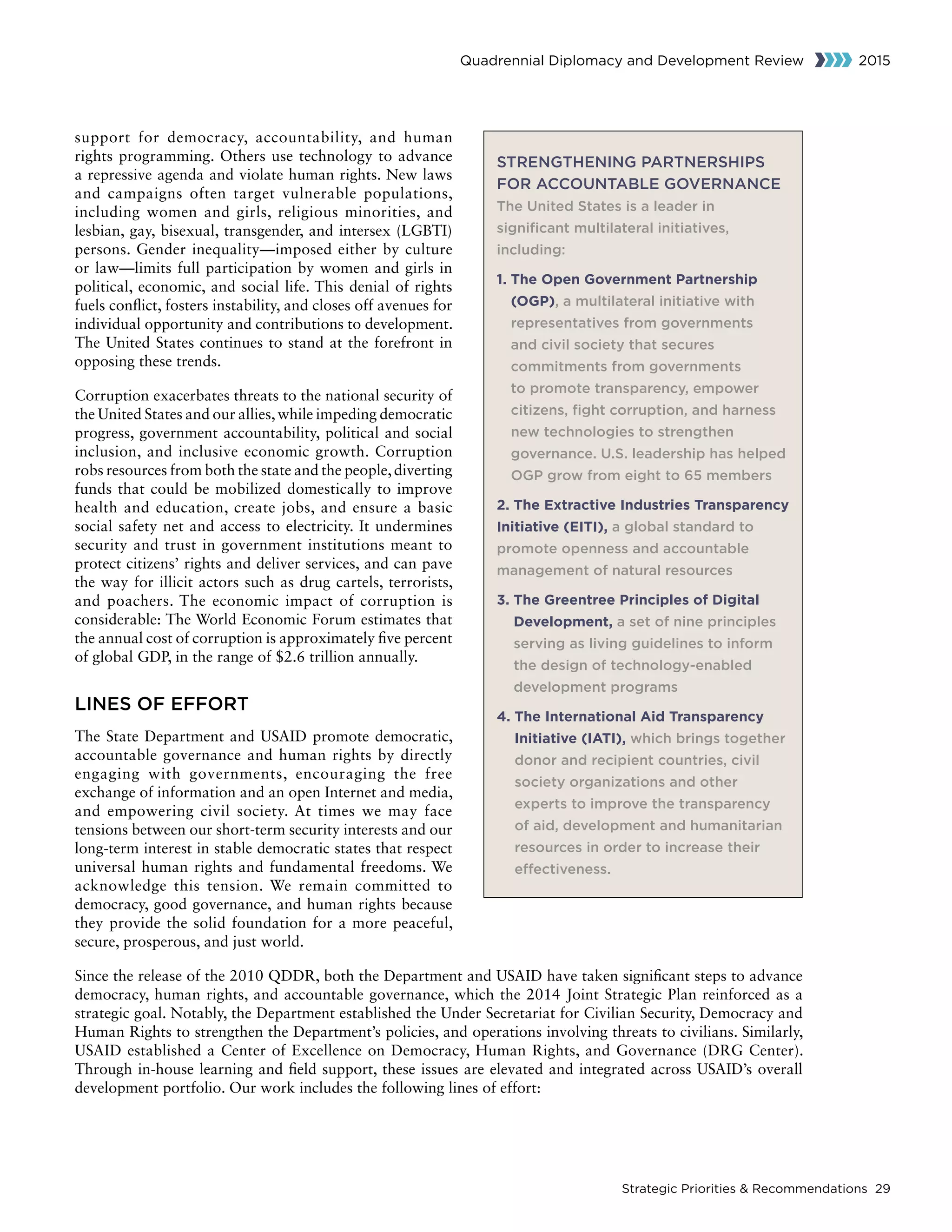 Strategic Priorities  Recommendations 29
Quadrennial Diplomacy and Development Review 2015
support for democracy, accountability, and human
rights programming. Others use technology to advance
a repressive agenda and violate human rights. New laws
and campaigns often target vulnerable populations,
including women and girls, religious minorities, and
lesbian, gay, bisexual, transgender, and intersex (LGBTI)
persons. Gender inequality—imposed either by culture
or law—limits full participation by women and girls in
political, economic, and social life. This denial of rights
fuels conflict, fosters instability, and closes off avenues for
individual opportunity and contributions to development.
The United States continues to stand at the forefront in
opposing these trends.
Corruption exacerbates threats to the national security of
the United States and our allies,while impeding democratic
progress, government accountability, political and social
inclusion, and inclusive economic growth. Corruption
robs resources from both the state and the people,diverting
funds that could be mobilized domestically to improve
health and education, create jobs, and ensure a basic
social safety net and access to electricity. It undermines
security and trust in government institutions meant to
protect citizens’ rights and deliver services, and can pave
the way for illicit actors such as drug cartels, terrorists,
and poachers. The economic impact of corruption is
considerable: The World Economic Forum estimates that
the annual cost of corruption is approximately five percent
of global GDP, in the range of $2.6 trillion annually.
LINES OF EFFORT
The State Department and USAID promote democratic,
accountable governance and human rights by directly
engaging with governments, encouraging the free
exchange of information and an open Internet and media,
and empowering civil society. At times we may face
tensions between our short-term security interests and our
long-term interest in stable democratic states that respect
universal human rights and fundamental freedoms. We
acknowledge this tension. We remain committed to
democracy, good governance, and human rights because
they provide the solid foundation for a more peaceful,
secure, prosperous, and just world.
Since the release of the 2010 QDDR, both the Department and USAID have taken significant steps to advance
democracy, human rights, and accountable governance, which the 2014 Joint Strategic Plan reinforced as a
strategic goal. Notably, the Department established the Under Secretariat for Civilian Security, Democracy and
Human Rights to strengthen the Department’s policies, and operations involving threats to civilians. Similarly,
USAID established a Center of Excellence on Democracy, Human Rights, and Governance (DRG Center).
Through in-house learning and field support, these issues are elevated and integrated across USAID’s overall
development portfolio. Our work includes the following lines of effort:
STRENGTHENING PARTNERSHIPS
FOR ACCOUNTABLE GOVERNANCE
The United States is a leader in
significant multilateral initiatives,
including:
1. The Open Government Partnership
(OGP), a multilateral initiative with
representatives from governments
and civil society that secures
commitments from governments
to promote transparency, empower
citizens, fight corruption, and harness
new technologies to strengthen
governance. U.S. leadership has helped
OGP grow from eight to 65 members
2. The Extractive Industries Transparency
Initiative (EITI), a global standard to
promote openness and accountable
management of natural resources
3. The Greentree Principles of Digital
Development, a set of nine principles
serving as living guidelines to inform
the design of technology-enabled
development programs
4. The International Aid Transparency
Initiative (IATI), which brings together
donor and recipient countries, civil
society organizations and other
experts to improve the transparency
of aid, development and humanitarian
resources in order to increase their
effectiveness.
 