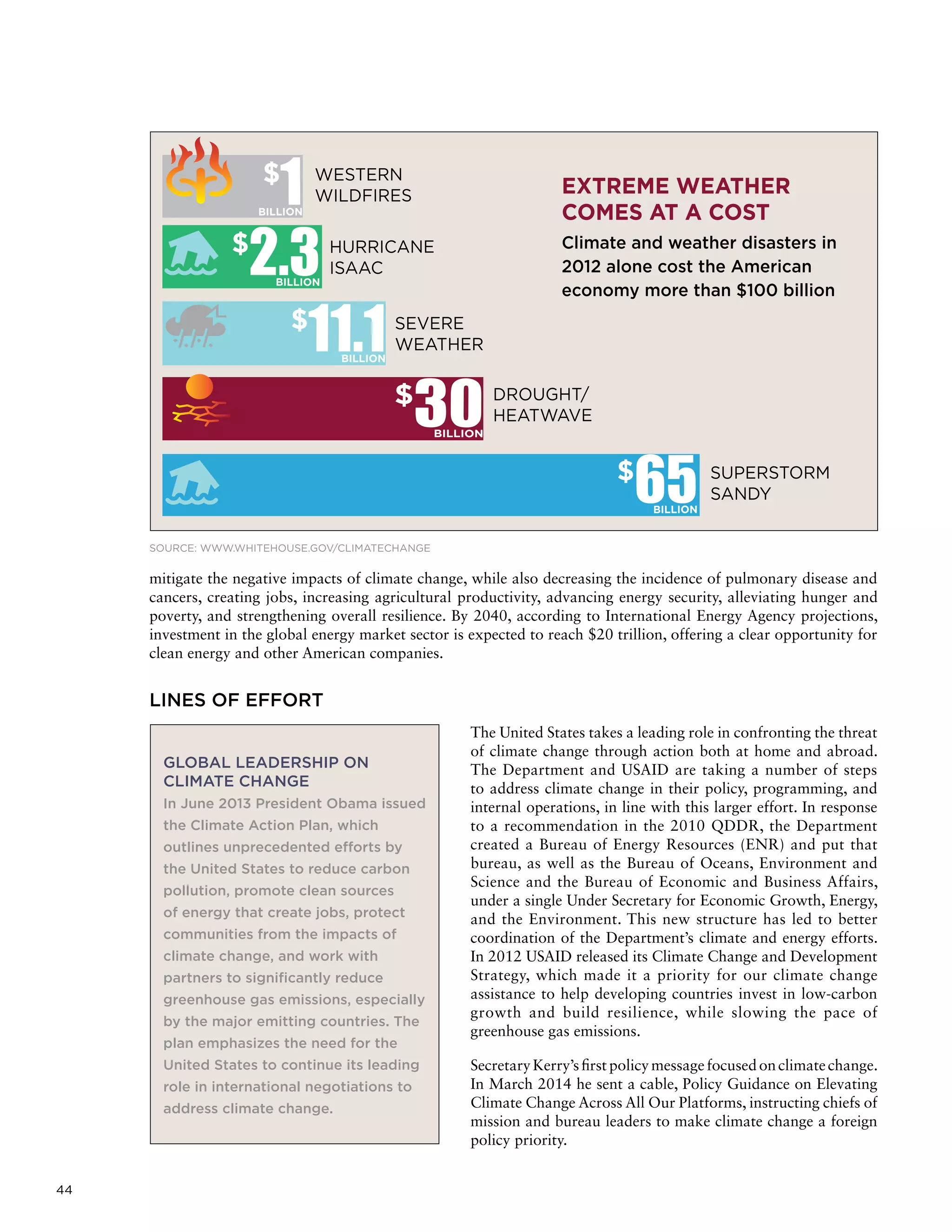 44
mitigate the negative impacts of climate change, while also decreasing the incidence of pulmonary disease and
cancers, creating jobs, increasing agricultural productivity, advancing energy security, alleviating hunger and
poverty, and strengthening overall resilience. By 2040, according to International Energy Agency projections,
investment in the global energy market sector is expected to reach $20 trillion, offering a clear opportunity for
clean energy and other American companies.
LINES OF EFFORT
The United States takes a leading role in confronting the threat
of climate change through action both at home and abroad.
The Department and USAID are taking a number of steps
to address climate change in their policy, programming, and
internal operations, in line with this larger effort. In response
to a recommendation in the 2010 QDDR, the Department
created a Bureau of Energy Resources (ENR) and put that
bureau, as well as the Bureau of Oceans, Environment and
Science and the Bureau of Economic and Business Affairs,
under a single Under Secretary for Economic Growth, Energy,
and the Environment. This new structure has led to better
coordination of the Department’s climate and energy efforts.
In 2012 USAID released its Climate Change and Development
Strategy, which made it a priority for our climate change
assistance to help developing countries invest in low-carbon
growth and build resilience, while slowing the pace of
greenhouse gas emissions.
SecretaryKerry’sfirstpolicymessagefocusedonclimatechange.
In March 2014 he sent a cable, Policy Guidance on Elevating
Climate Change Across All Our Platforms, instructing chiefs of
mission and bureau leaders to make climate change a foreign
policy priority.
SOURCE: WWW.WHITEHOUSE.GOV/CLIMATECHANGE
GLOBAL LEADERSHIP ON
CLIMATE CHANGE
In June 2013 President Obama issued
the Climate Action Plan, which
outlines unprecedented efforts by
the United States to reduce carbon
pollution, promote clean sources
of energy that create jobs, protect
communities from the impacts of
climate change, and work with
partners to significantly reduce
greenhouse gas emissions, especially
by the major emitting countries. The
plan emphasizes the need for the
United States to continue its leading
role in international negotiations to
address climate change.
 