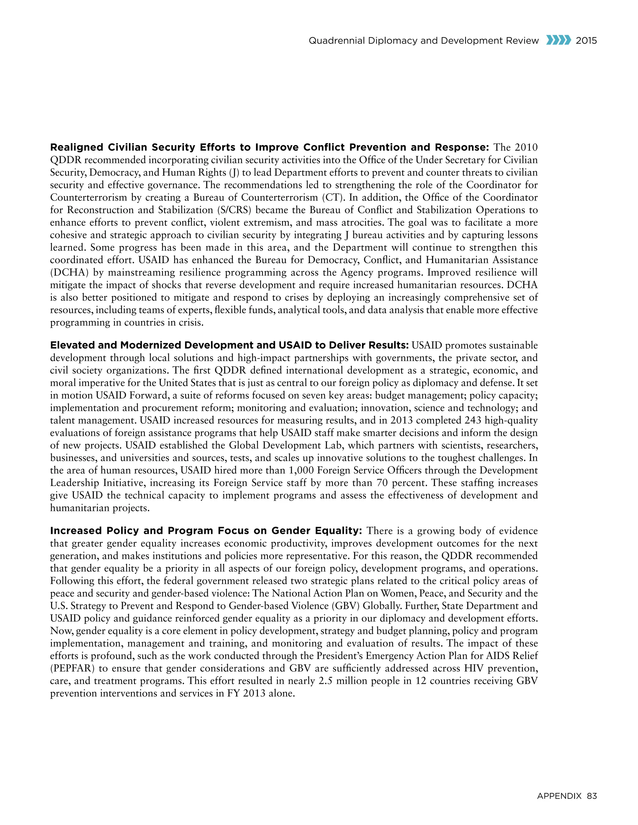 APPENDIX 83
Quadrennial Diplomacy and Development Review 2015
Realigned Civilian Security Efforts to Improve Conflict Prevention and Response: The 2010
QDDR recommended incorporating civilian security activities into the Office of the Under Secretary for Civilian
Security, Democracy, and Human Rights (J) to lead Department efforts to prevent and counter threats to civilian
security and effective governance. The recommendations led to strengthening the role of the Coordinator for
Counterterrorism by creating a Bureau of Counterterrorism (CT). In addition, the Office of the Coordinator
for Reconstruction and Stabilization (S/CRS) became the Bureau of Conflict and Stabilization Operations to
enhance efforts to prevent conflict, violent extremism, and mass atrocities. The goal was to facilitate a more
cohesive and strategic approach to civilian security by integrating J bureau activities and by capturing lessons
learned. Some progress has been made in this area, and the Department will continue to strengthen this
coordinated effort. USAID has enhanced the Bureau for Democracy, Conflict, and Humanitarian Assistance
(DCHA) by mainstreaming resilience programming across the Agency programs. Improved resilience will
mitigate the impact of shocks that reverse development and require increased humanitarian resources. DCHA
is also better positioned to mitigate and respond to crises by deploying an increasingly comprehensive set of
resources, including teams of experts, flexible funds, analytical tools, and data analysis that enable more effective
programming in countries in crisis.
Elevated and Modernized Development and USAID to Deliver Results: USAID promotes sustainable
development through local solutions and high-impact partnerships with governments, the private sector, and
civil society organizations. The first QDDR defined international development as a strategic, economic, and
moral imperative for the United States that is just as central to our foreign policy as diplomacy and defense. It set
in motion USAID Forward, a suite of reforms focused on seven key areas: budget management; policy capacity;
implementation and procurement reform; monitoring and evaluation; innovation, science and technology; and
talent management. USAID increased resources for measuring results, and in 2013 completed 243 high-quality
evaluations of foreign assistance programs that help USAID staff make smarter decisions and inform the design
of new projects. USAID established the Global Development Lab, which partners with scientists, researchers,
businesses, and universities and sources, tests, and scales up innovative solutions to the toughest challenges. In
the area of human resources, USAID hired more than 1,000 Foreign Service Officers through the Development
Leadership Initiative, increasing its Foreign Service staff by more than 70 percent. These staffing increases
give USAID the technical capacity to implement programs and assess the effectiveness of development and
humanitarian projects.
Increased Policy and Program Focus on Gender Equality: There is a growing body of evidence
that greater gender equality increases economic productivity, improves development outcomes for the next
generation, and makes institutions and policies more representative. For this reason, the QDDR recommended
that gender equality be a priority in all aspects of our foreign policy, development programs, and operations.
Following this effort, the federal government released two strategic plans related to the critical policy areas of
peace and security and gender-based violence: The National Action Plan on Women, Peace, and Security and the
U.S. Strategy to Prevent and Respond to Gender-based Violence (GBV) Globally. Further, State Department and
USAID policy and guidance reinforced gender equality as a priority in our diplomacy and development efforts.
Now, gender equality is a core element in policy development, strategy and budget planning, policy and program
implementation, management and training, and monitoring and evaluation of results. The impact of these
efforts is profound, such as the work conducted through the President’s Emergency Action Plan for AIDS Relief
(PEPFAR) to ensure that gender considerations and GBV are sufficiently addressed across HIV prevention,
care, and treatment programs. This effort resulted in nearly 2.5 million people in 12 countries receiving GBV
prevention interventions and services in FY 2013 alone.
 