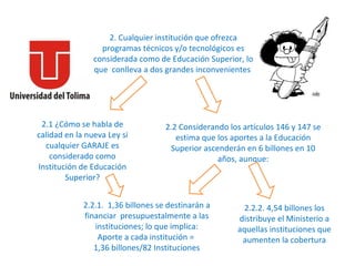 2. Cualquier institución que ofrezca programas técnicos y/o tecnológicos es considerada como de Educación Superior, lo que  conlleva a dos grandes inconvenientes  2.1 ¿Cómo se habla de calidad en la nueva Ley si cualquier GARAJE es considerado como Institución de Educación Superior? 2.2.1.  1,36 billones se destinarán a financiar  presupuestalmente a las instituciones; lo que implica: Aporte a cada institución =  1,36 billones/82 Instituciones 2.2 Considerando los artículos 146 y 147 se estima que los aportes a la Educación Superior ascenderán en 6 billones en 10 años, aunque: 2.2.2. 4,54 billones los distribuye el Ministerio a aquellas instituciones que aumenten la cobertura 