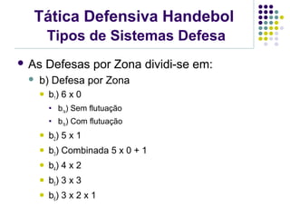 Tática Defensiva Handebol
Tipos de Sistemas Defesa
 As Defesas por Zona dividi-se em:
 b) Defesa por Zona
 b1) 6 x 0
 b1a) Sem flutuação
 b1b) Com flutuação
 b2) 5 x 1
 b3) Combinada 5 x 0 + 1
 b4) 4 x 2
 b5) 3 x 3
 b6) 3 x 2 x 1
 
