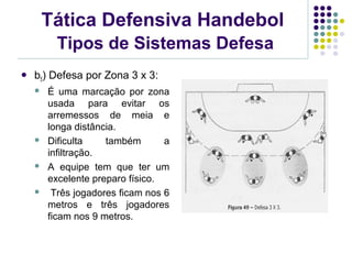 Tática Defensiva Handebol
Tipos de Sistemas Defesa
 b5) Defesa por Zona 3 x 3:
 É uma marcação por zona
usada para evitar os
arremessos de meia e
longa distância.
 Dificulta também a
infiltração.
 A equipe tem que ter um
excelente preparo físico.
 Três jogadores ficam nos 6
metros e três jogadores
ficam nos 9 metros.
 