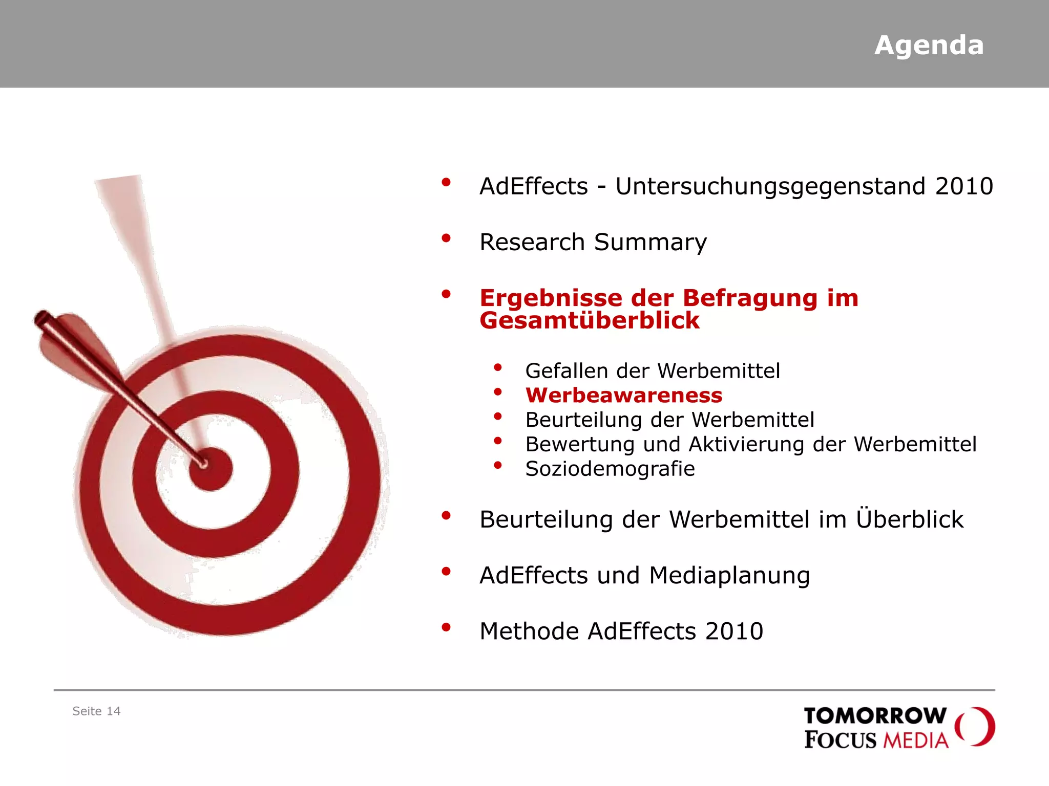 Agenda
Seite 14
• AdEffects - Untersuchungsgegenstand 2010
• Research Summary
• Ergebnisse der Befragung im
Gesamtüberblick
• Gefallen der Werbemittel
• Werbeawareness
• Beurteilung der Werbemittel
• Bewertung und Aktivierung der Werbemittel
• Soziodemografie
• Beurteilung der Werbemittel im Überblick
• AdEffects und Mediaplanung
• Methode AdEffects 2010
 