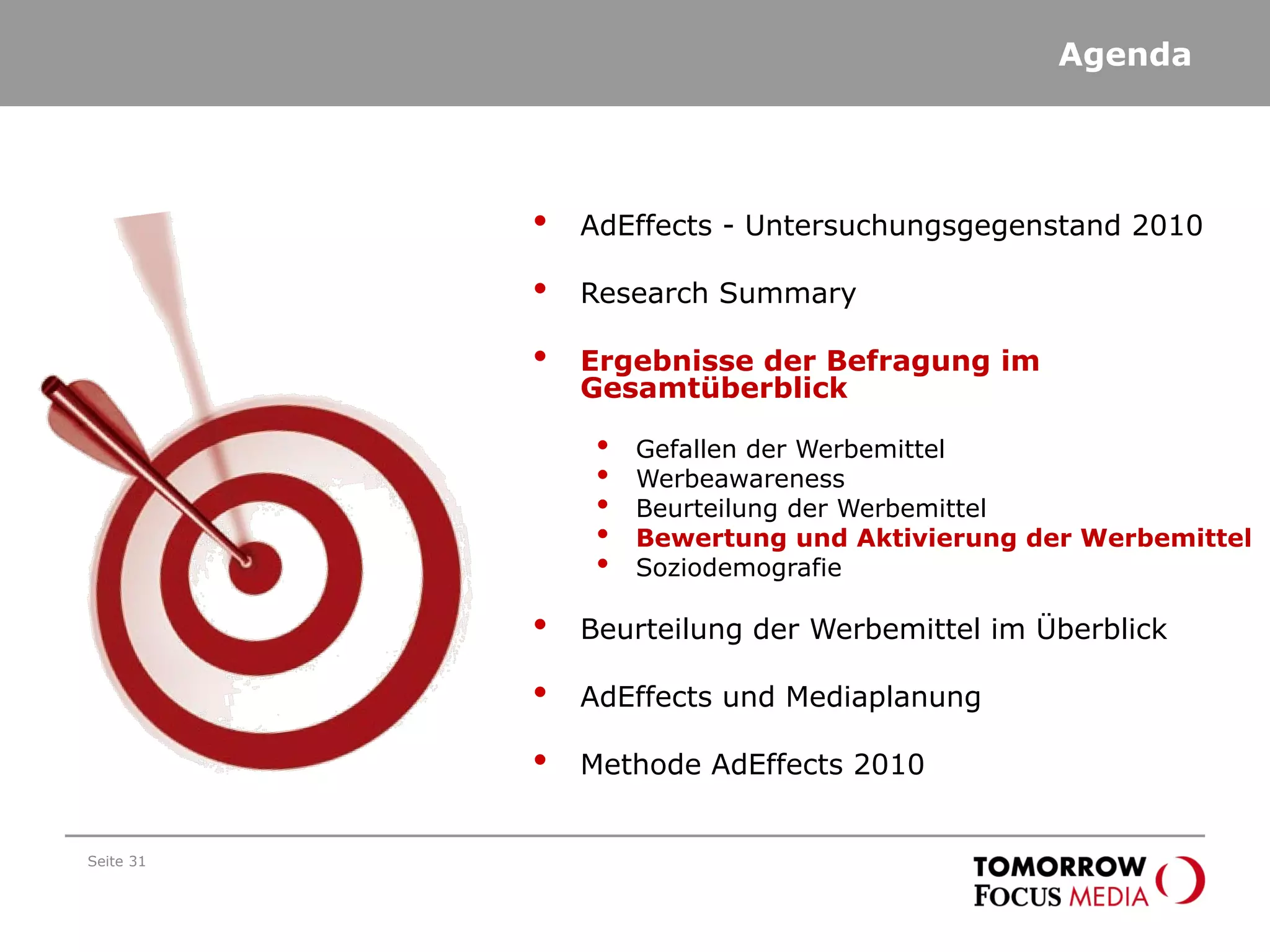 Agenda
Seite 31
• AdEffects - Untersuchungsgegenstand 2010
• Research Summary
• Ergebnisse der Befragung im
Gesamtüberblick
• Gefallen der Werbemittel
• Werbeawareness
• Beurteilung der Werbemittel
• Bewertung und Aktivierung der Werbemittel
• Soziodemografie
• Beurteilung der Werbemittel im Überblick
• AdEffects und Mediaplanung
• Methode AdEffects 2010
 