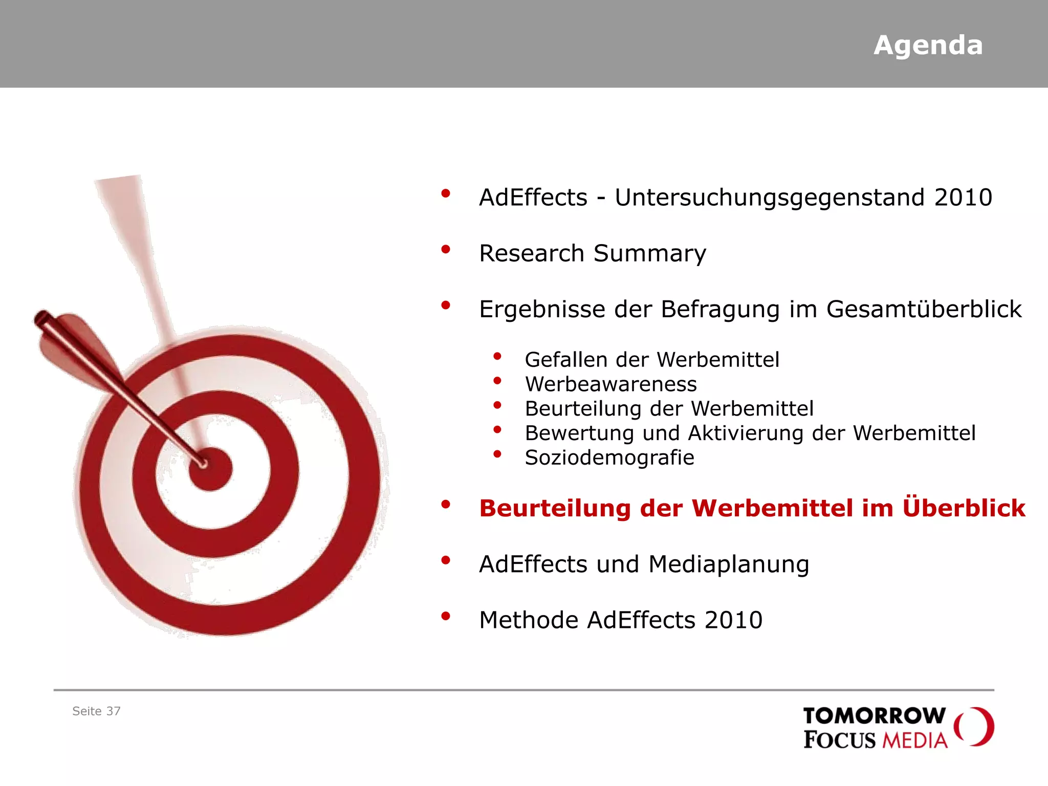 Agenda
Seite 37
• AdEffects - Untersuchungsgegenstand 2010
• Research Summary
• Ergebnisse der Befragung im Gesamtüberblick
• Gefallen der Werbemittel
• Werbeawareness
• Beurteilung der Werbemittel
• Bewertung und Aktivierung der Werbemittel
• Soziodemografie
• Beurteilung der Werbemittel im Überblick
• AdEffects und Mediaplanung
• Methode AdEffects 2010
 