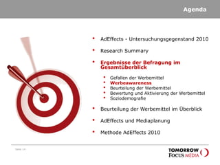 Agenda
Seite 14
• AdEffects - Untersuchungsgegenstand 2010
• Research Summary
• Ergebnisse der Befragung im
Gesamtüberblick
• Gefallen der Werbemittel
• Werbeawareness
• Beurteilung der Werbemittel
• Bewertung und Aktivierung der Werbemittel
• Soziodemografie
• Beurteilung der Werbemittel im Überblick
• AdEffects und Mediaplanung
• Methode AdEffects 2010
 