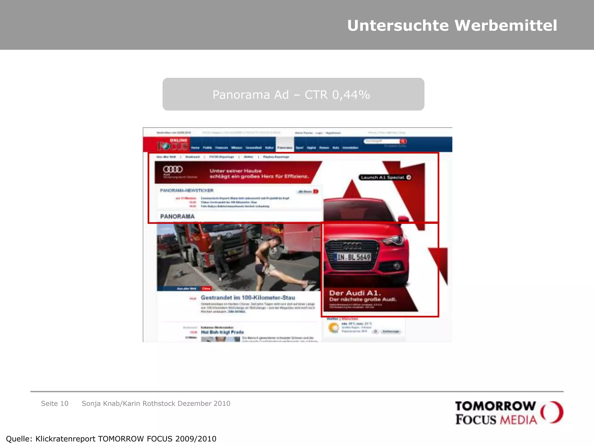 Untersuchte WerbemittelSeite 10Panorama Ad – CTR 0,44% Quelle: Klickratenreport TOMORROW FOCUS 2009/2010Sonja Knab/Karin Rothstock Dezember 2010