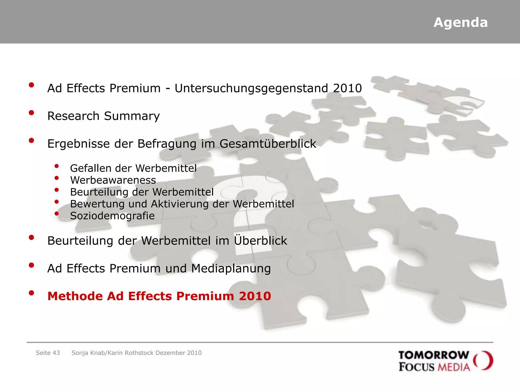 Seite 34AgendaAd Effects Premium - Untersuchungsgegenstand 2010Research SummaryErgebnisse der Befragung im GesamtüberblickGefallen der Werbemittel WerbeawarenessBeurteilung der WerbemittelBewertung und Aktivierung der WerbemittelSoziodemografieBeurteilung der Werbemittel im ÜberblickAd Effects Premium und MediaplanungMethode Ad Effects Premium 2010Sonja Knab/Karin Rothstock Dezember 2010