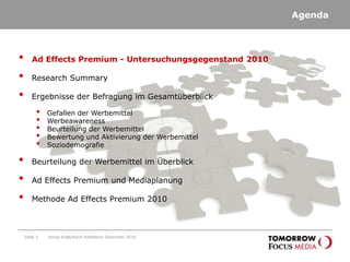 Seite 2AgendaAd Effects Premium - Untersuchungsgegenstand 2010Research SummaryErgebnisse der Befragung im GesamtüberblickGefallen der Werbemittel WerbeawarenessBeurteilung der WerbemittelBewertung und Aktivierung der WerbemittelSoziodemografieBeurteilung der Werbemittel im ÜberblickAd Effects Premium und MediaplanungMethode Ad Effects Premium 2010Sonja Knab/Karin Rothstock Dezember 2010