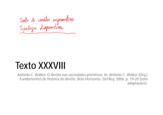 Texto XXXVIII
Antônio C. Walker. O direito nas sociedades primitivas. In: Antônio C. Walker (Org.)
Fundamentos de história do direito. Belo Horizonte: Del Rey, 2006, p. 19-20 (com
adaptações).
 