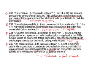 232 “Na semana (...) cédulas de votação” (L. de 11 a 14): Na semana
precedente ao dia do sufrágio, os TREs convocam representantes de
partidos políticos para preencher determinada quantidade de cédulas
de votação.
233 “Na votação paralela, (...) nas urnas eletrônicas sorteadas” (L. 16 e
17): Na votação paralela, o conteúdo das cédulas são digitados nas
urnas eletrônicas sorteadas.
234 “Os juízes eleitorais (...) estoque de reserva” (L. de 20 a 23): Os
juízes eleitorais, após serem informados pelos magistrados dos TREs
de que urnas de sua seção foram sorteadas, procedem à substituição
dos equipamentos por outros do estoque de reserva.
235 “Em cada estado (...) da justiça eleitoral” (L. de 24 a 27): Para
cuidar da organização e condução dos trabalhos de cada estado há
uma comissão de votação paralela, as quais são compostas por um
juiz de direito e quatro servidores da justiça eleitoral.
 