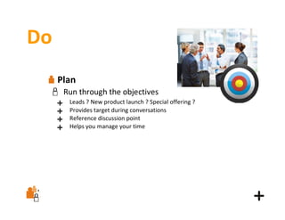 Do
Plan
Run through the objectives
Leads ? New product launch ? Special offering ? 
Provides target during conversations
Reference discussion point
Helps you manage your time

 