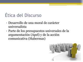 Ética del Discurso
• Desarrollo de una moral de carácter
universalista
• Parte de los presupuestos universales de la
argumentación (Apel) y de la acción
comunicativa (Habermas)
 
