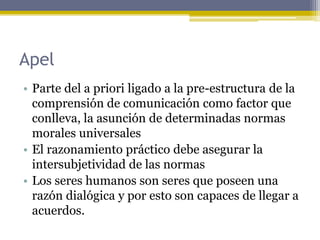 Apel
• Parte del a priori ligado a la pre-estructura de la
comprensión de comunicación como factor que
conlleva, la asunción de determinadas normas
morales universales
• El razonamiento práctico debe asegurar la
intersubjetividad de las normas
• Los seres humanos son seres que poseen una
razón dialógica y por esto son capaces de llegar a
acuerdos.
 