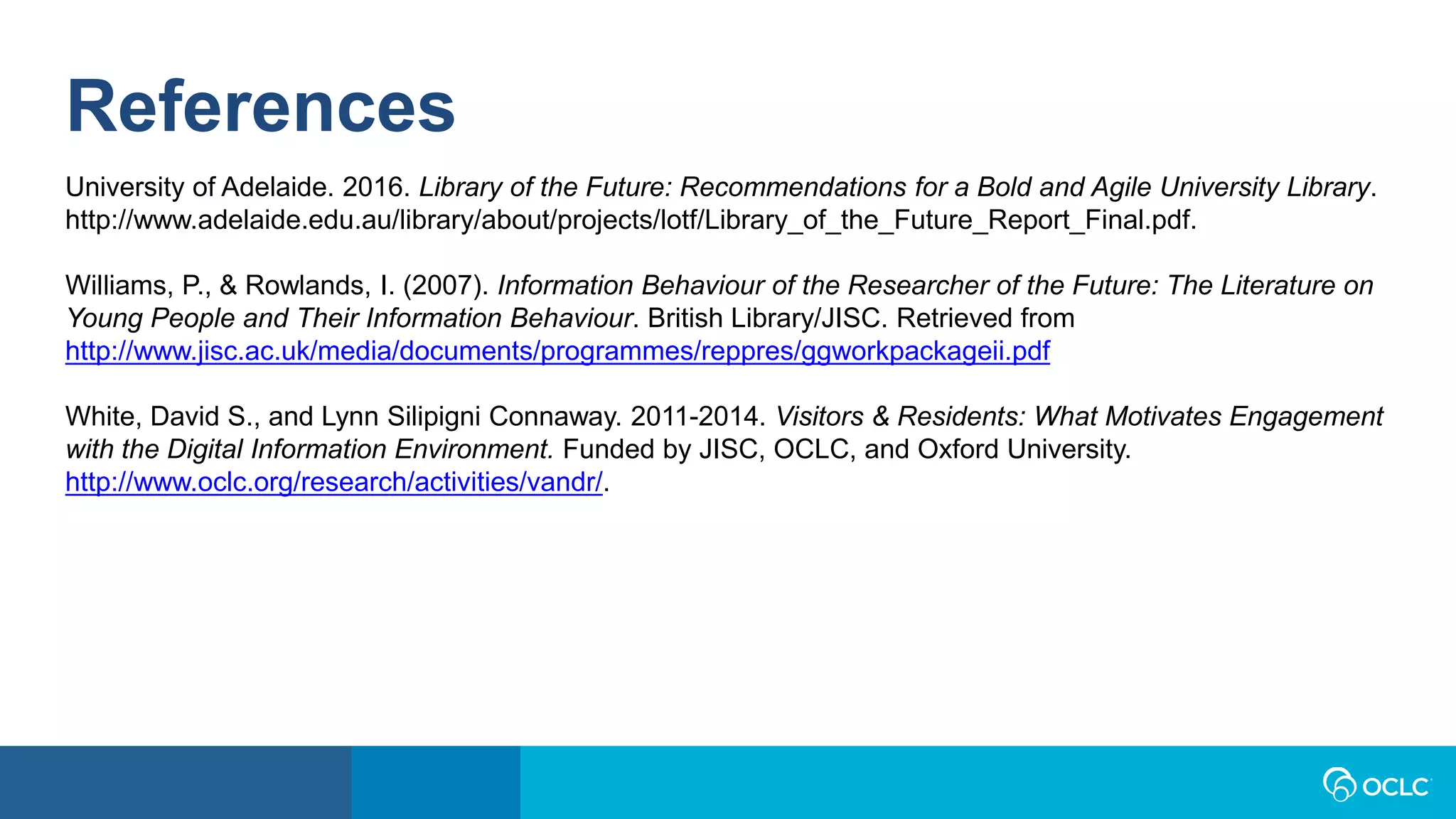 References
University of Adelaide. 2016. Library of the Future: Recommendations for a Bold and Agile University Library.
http://www.adelaide.edu.au/library/about/projects/lotf/Library_of_the_Future_Report_Final.pdf.
Williams, P., & Rowlands, I. (2007). Information Behaviour of the Researcher of the Future: The Literature on
Young People and Their Information Behaviour. British Library/JISC. Retrieved from
http://www.jisc.ac.uk/media/documents/programmes/reppres/ggworkpackageii.pdf
White, David S., and Lynn Silipigni Connaway. 2011-2014. Visitors & Residents: What Motivates Engagement
with the Digital Information Environment. Funded by JISC, OCLC, and Oxford University.
http://www.oclc.org/research/activities/vandr/.
 