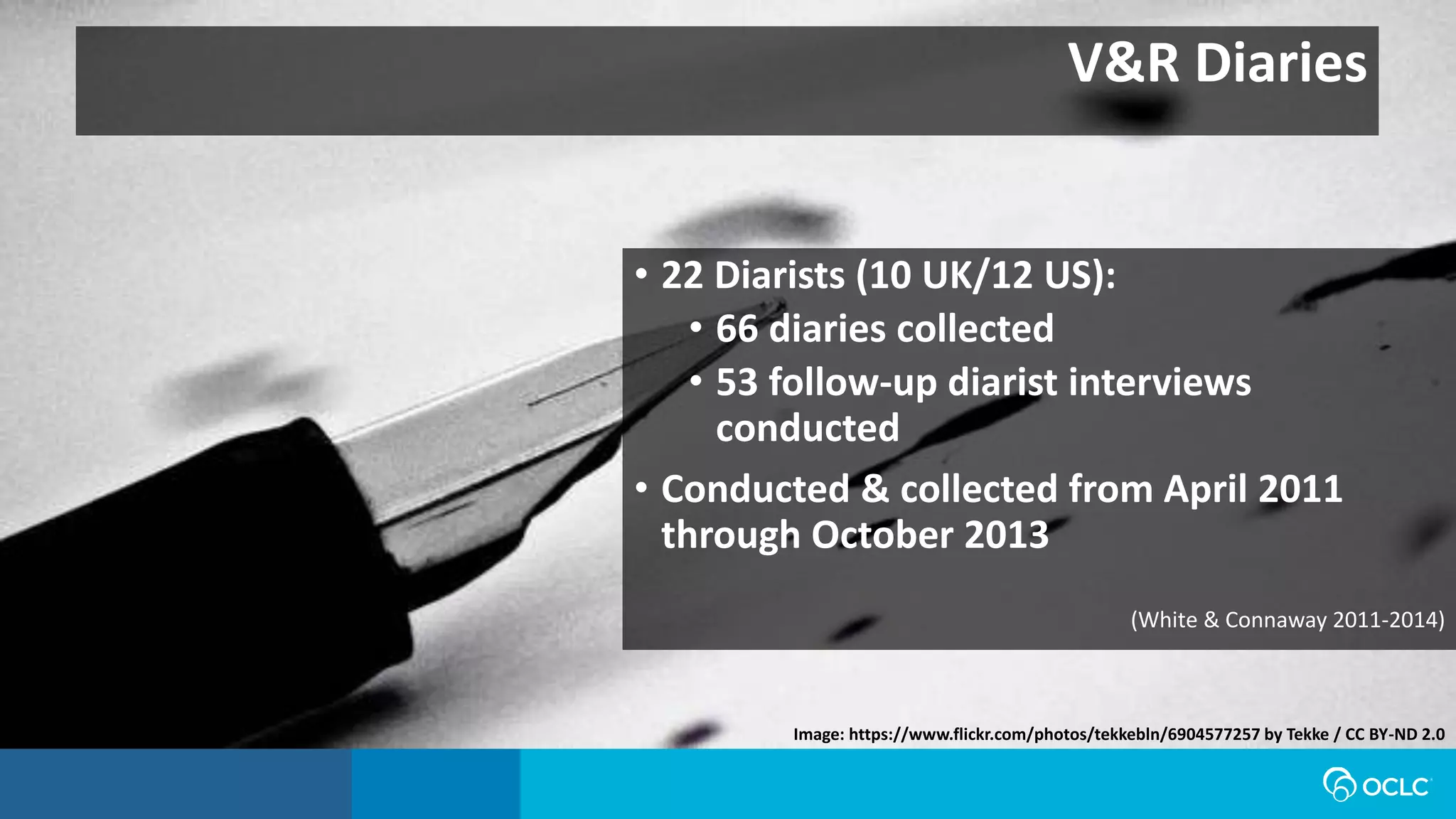 V&R Diaries
• 22 Diarists (10 UK/12 US):
• 66 diaries collected
• 53 follow-up diarist interviews
conducted
• Conducted & collected from April 2011
through October 2013
(White & Connaway 2011-2014)
Image: https://www.flickr.com/photos/tekkebln/6904577257 by Tekke / CC BY-ND 2.0
 
