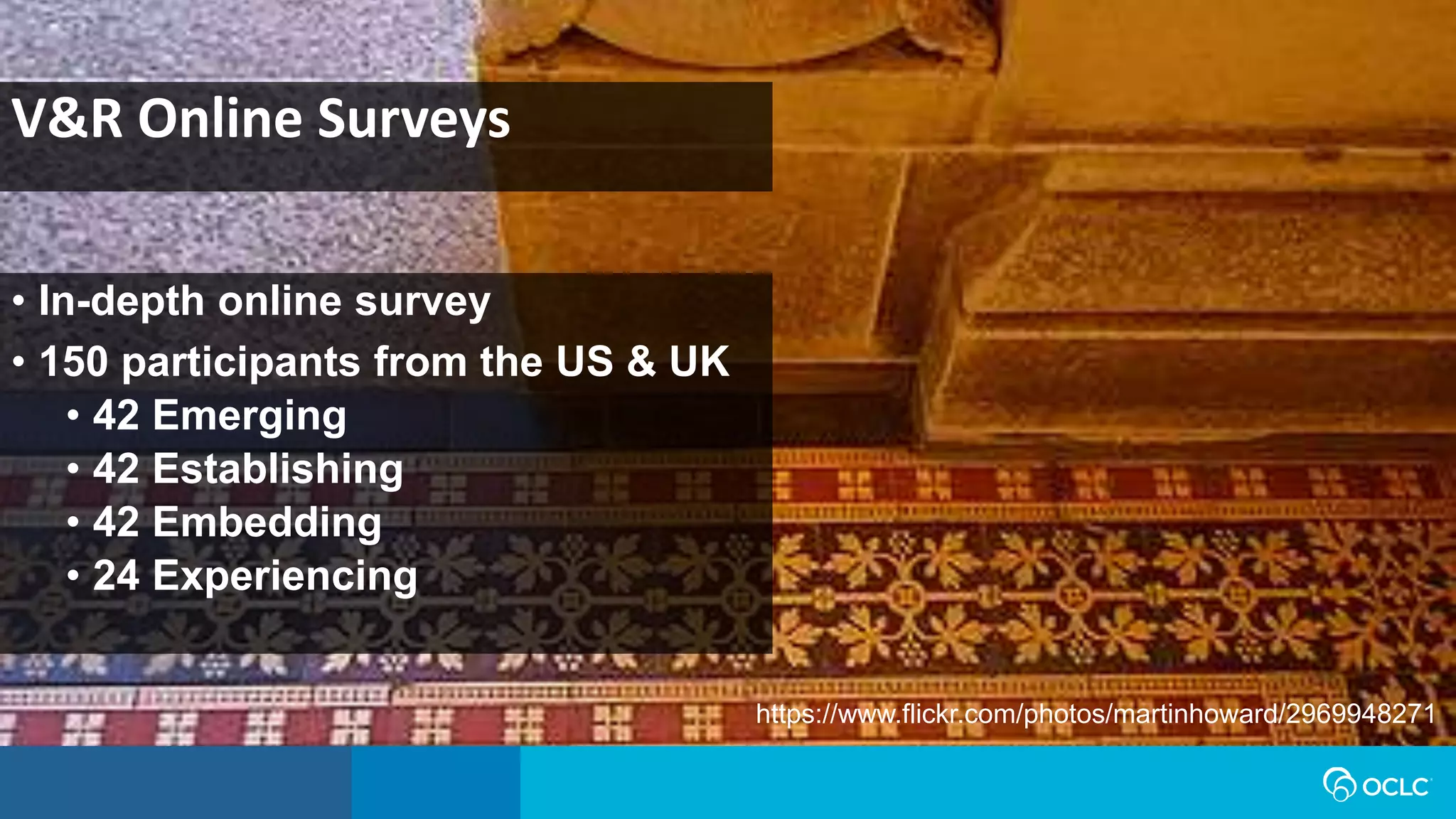 V&R Online Surveys
• In-depth online survey
• 150 participants from the US & UK
• 42 Emerging
• 42 Establishing
• 42 Embedding
• 24 Experiencing
https://www.flickr.com/photos/martinhoward/2969948271
 