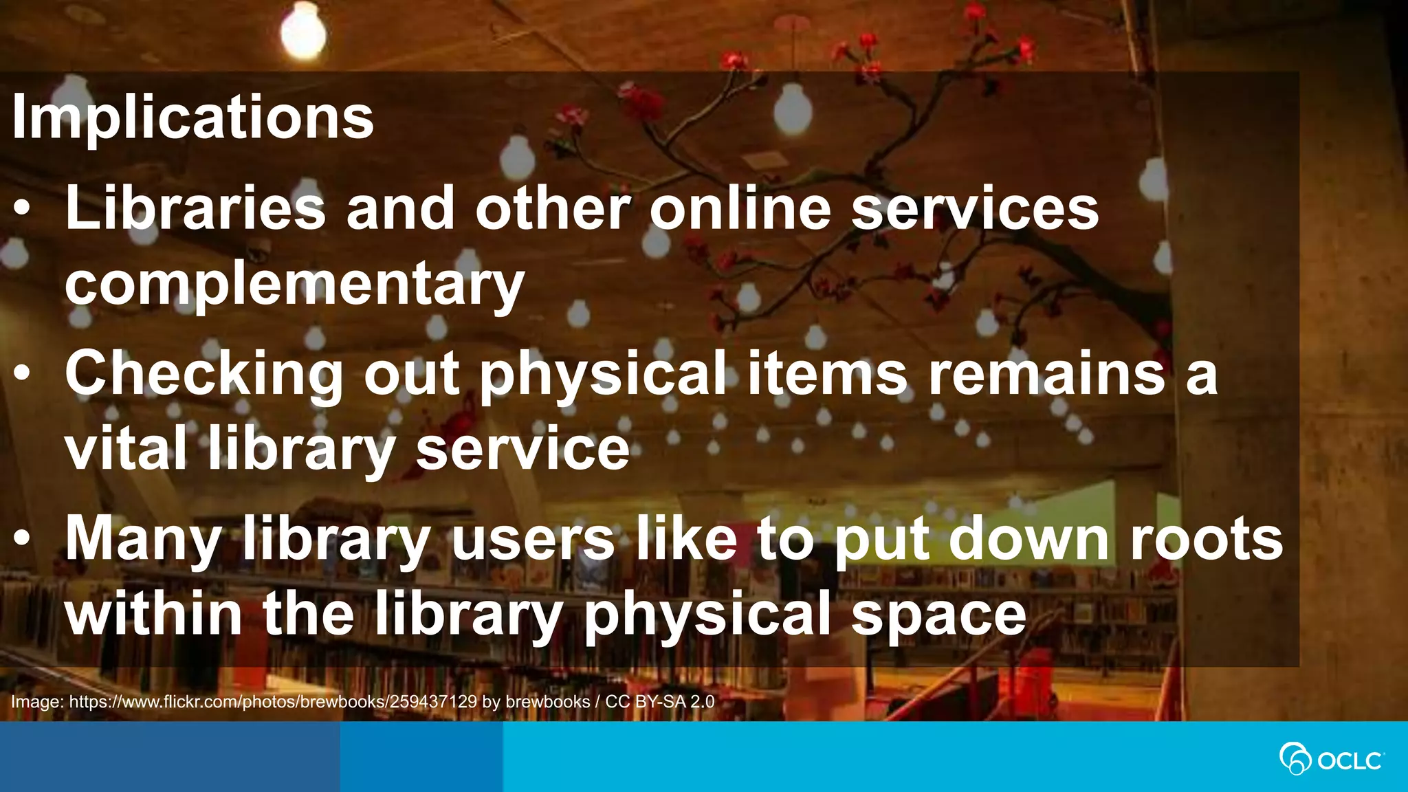 Implications
• Libraries and other online services
complementary
• Checking out physical items remains a
vital library service
• Many library users like to put down roots
within the library physical space
Image: https://www.flickr.com/photos/brewbooks/259437129 by brewbooks / CC BY-SA 2.0
 