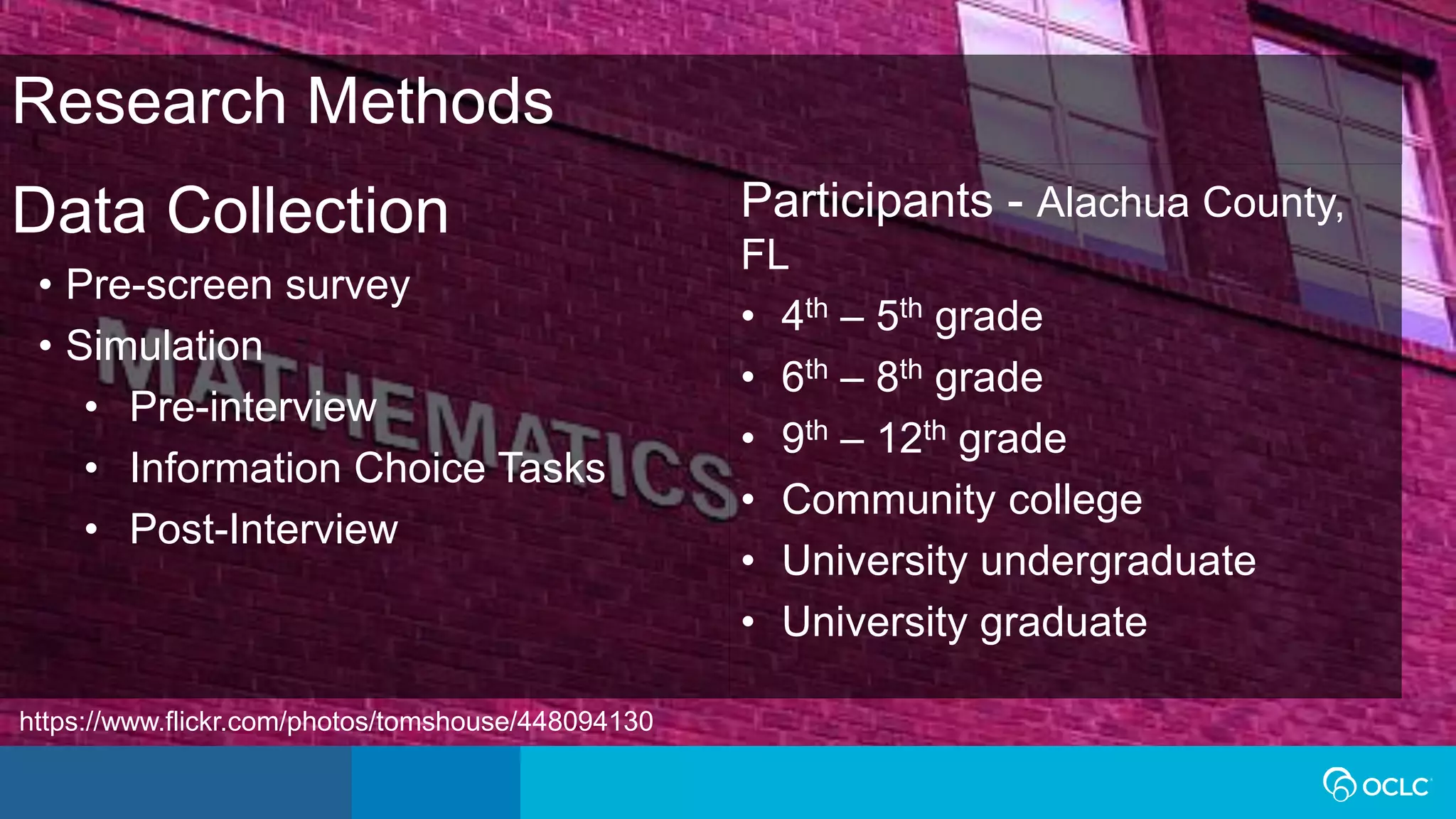 Research Methods
Data Collection
• Pre-screen survey
• Simulation
• Pre-interview
• Information Choice Tasks
• Post-Interview
Participants - Alachua County,
FL
• 4th – 5th grade
• 6th – 8th grade
• 9th – 12th grade
• Community college
• University undergraduate
• University graduate
https://www.flickr.com/photos/tomshouse/448094130
 