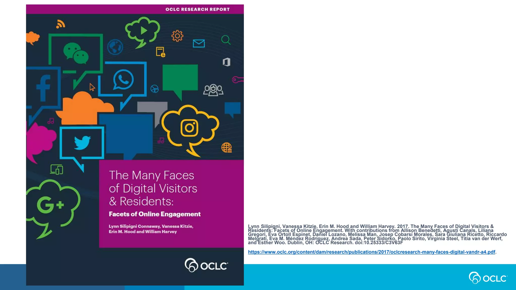 Lynn Silipigni, Vanessa Kitzie, Erin M. Hood and William Harvey. 2017. The Many Faces of Digital Visitors &
Residents: Facets of Online Engagement. With contributions from Allison Benedetti, Agustí Canals, Liliana
Gregori, Eva Ortoll Espinet, Daniel Lozano, Melissa Man, Josep Cobarsí Morales, Sara Giuliana Ricetto, Riccardo
Melgrati, Eva M. Méndez Rodríguez, Andrea Sada, Peter Sidorko, Paolo Sirito, Virginia Steel, Titia van der Werf,
and Esther Woo. Dublin, OH: OCLC Research. doi:10.25333/C3V63F
https://www.oclc.org/content/dam/research/publications/2017/oclcresearch-many-faces-digital-vandr-a4.pdf.
 