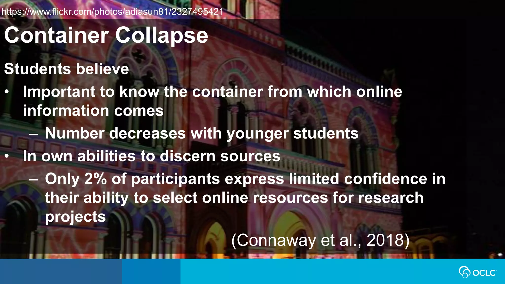 Container Collapse
Students believe
• Important to know the container from which online
information comes
– Number decreases with younger students
• In own abilities to discern sources
– Only 2% of participants express limited confidence in
their ability to select online resources for research
projects
(Connaway et al., 2018)
https://www.flickr.com/photos/adiasun81/2327495421
 