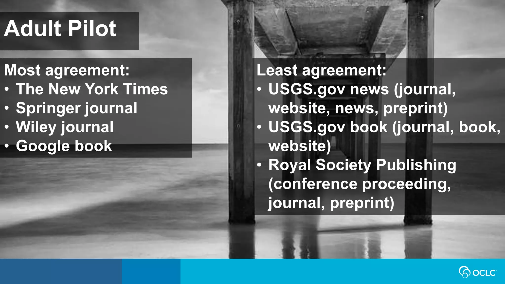 Adult Pilot
Most agreement:
• The New York Times
• Springer journal
• Wiley journal
• Google book
Least agreement:
• USGS.gov news (journal,
website, news, preprint)
• USGS.gov book (journal, book,
website)
• Royal Society Publishing
(conference proceeding,
journal, preprint)
 