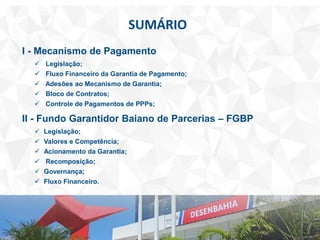 SUMÁRIO
I - Mecanismo de Pagamento
 Legislação;
 Fluxo Financeiro da Garantia de Pagamento;
 Adesões ao Mecanismo de Garantia;
 Bloco de Contratos;
 Controle de Pagamentos de PPPs;
II - Fundo Garantidor Baiano de Parcerias – FGBP
 Legislação;
 Valores e Competência;
 Acionamento da Garantia;
 Recomposição;
 Governança;
 Fluxo Financeiro.
 