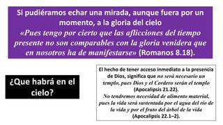 Si pudiéramos echar una mirada, aunque fuera por un
momento, a la gloria del cielo
«Pues tengo por cierto que las aflicciones del tiempo
presente no son comparables con la gloria venidera que
en nosotros ha de manifestarse» (Romanos 8.18).
¿Que habrá en el
cielo?
El hecho de tener acceso inmediato a la presencia
de Dios, significa que no será necesario un
templo, pues Dios y el Cordero serán el templo
(Apocalipsis 21.22).
No tendremos necesidad de alimento material,
pues la vida será sustentada por el agua del río de
la vida y por el fruto del árbol de la vida
(Apocalipsis 22.1–2).
 