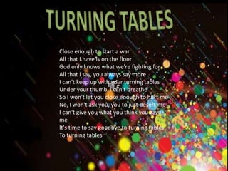 1.A Natural Woman
Close enough to start a war
All that I have is on the floor
God only knows what we're fighting for
All that I say, you always say more
I can't keep up with your turning tables
Under your thumb, I can't breathe
So I won't let you close enough to hurt me
No, I won't ask you, you to just desert me
I can't give you what you think you gave
me
It's time to say goodbye to turning tables
To turning tables
 