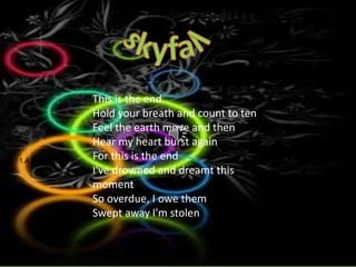 1.A Natural Woman
This is the end
Hold your breath and count to ten
Feel the earth move and then
Hear my heart burst again
For this is the end
I've drowned and dreamt this
moment
So overdue, I owe them
Swept away I'm stolen
 