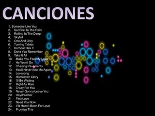 1. Someone Like You
2. Set Fire To The Rain
3. Rolling In The Deep
4. Skyfall
5. One And Only
6. Turning Tables
7. Rumour Has It
8. Don't You Remember
9. Take It All
10. Make You Feel My Love
11. He Won't Go
12. Chasing Pavements
13. You'll Never See Me Again
14. Lovesong
15. Hometown Glory
16. I'll Be Waiting
17. Right As Rain
18. Crazy For You
19. Never Gonna Leave You
20. Daydreamer
21. First Love
22. Need You Now
23. If It Hadn't Been For Love
24. Promise This
25. A Natural Woman
 
