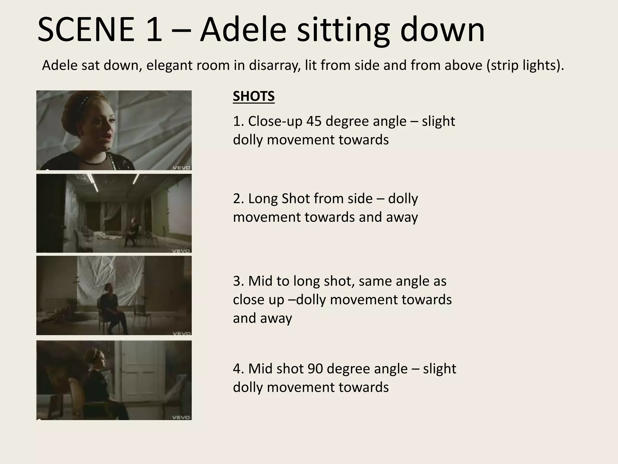 SCENE 1 – Adele sitting down
1. Close-up 45 degree angle – slight
dolly movement towards
2. Long Shot from side – dolly
movement towards and away
4. Mid shot 90 degree angle – slight
dolly movement towards
3. Mid to long shot, same angle as
close up –dolly movement towards
and away
Adele sat down, elegant room in disarray, lit from side and from above (strip lights).
SHOTS
 