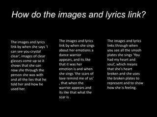 How do the images and lyrics link?

The images and lyrics      The images and lyrics     The images and lyrics
link by when she says ‘I   link by when she sings    links through when
can see you crystal        about her emotions a      you see all the smash
clear’, images of clear    dance warrior             plates she sings ‘You
glasses come up so it      appears, and its like     had my heart and
shows that she can         that it was her           soul’, which means
now she through the        emotion is and when       that she's heart
person she was with        she sings ‘the scars of   broken and she uses
and all the lies that he   love remind me of us’     the broken plates to
told her and how he        , that when the           represent and to show
used her.                  warrior appears and       how she is feeling.
                           its like that what the
                           scar is .
 