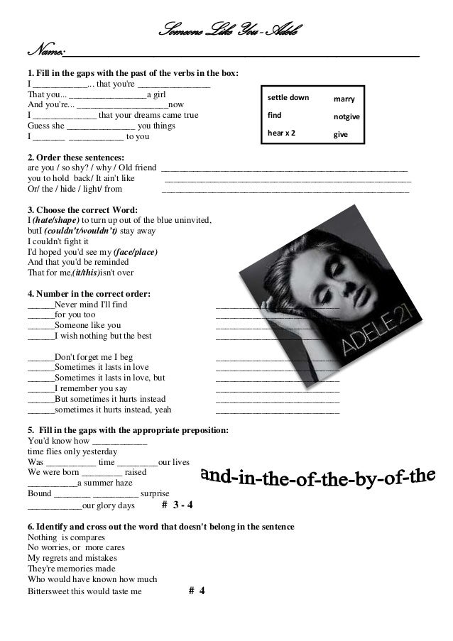 Adele Worksheet Someone Like You