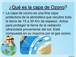 La capa de ozono es una fina capa protectora de la atmósfera que recubre toda la tierra de 15 a 30 Km de espesor. Actúa para proteger la tierra de la radiación ultravioleta proveniente del sol. Está compuesta en su mayoría por el gas ozono.¿Qué es la capa de Ozono?
