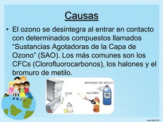 El ozono se desintegra al entrar en contacto con determinados compuestos llamados “Sustancias Agotadoras de la Capa de Ozono” (SAO). Los más comunes son los CFCs (Clorofluorocarbonos), los halones y el bromuro de metilo.Causas