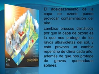El adelgazamiento de la
capa de ozono puede
provocar contaminación del
aire.
cambios bruscos climáticos
por que la capa de ozono es
la que nos protege de los
rayos ultravioletas del sol, y
esto provoca un cambio
repentino de clima cada año,
además de que nos protege
de graves quemaduras
solares.
 