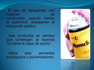 •El uso de transportes con
motores de
combustión, usando menos
el automóvil, empleando el
transporte público.
•Usar productos en aerosol
que contengan la leyenda
"no daña la capa de ozono“.
•Utiliza sòlo aerosoles
ecològoicos y pulverizadores.
 