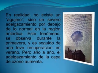En realidad, no existe un
“agujero”; sino un severo
adelgazamiento por debajo
de lo normal en la región
antártica. Este fenómeno,
se observa durante la
primavera, y es seguido de
una leve recuperación en
verano. Pero año a año, el
adelgazamiento de la capa
de ozono aumenta.
 