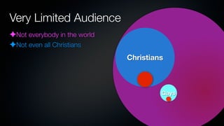 Very Limited Audience
✦Not everybody in the world
✦Not even all Christians
                              Christians



                                       Gays
 