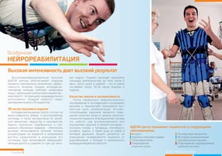 Страница 3
Особенная
НЕЙРОРЕАБИЛИТАЦИЯ
Высококвалифицированный персонал рех недель. Пациент проходит программу
АДЕЛИ Центра обеспечивает каждому процедур длительностью до пяти часов в
пациенту максимально возможную эффек- день, шесть дней в неделю - что в сумме
тивность лечения. Каждая интердисци- составляет около 30-ти часов терапии в
плинарная команда работает ежедневно неделю.
лишь с небольшим количеством пациентов –
максимум 4 – по принципу «индивидуально и
интенсивно». Каждый невролог ведет После первичного неврологического
одновременновсего16пациентов. обследования и последующего консилиума,
врачами и терапевтами назначается кон-
кретная цель реабилитации. Осново-
Интердисциплинарная группа состоит из полагающими задачами являются повы-
врача-невролога, физио- и эрготерапевтов, шение качества жизни и уровня самостоя-
логопеда, а также инструкторов по лечеб- тельности пациента. В большинстве случаев
ной гимнастике, медсестер и массажистов. это работа над возникновением или
Задача тщательно подобранных и спе- улучшением крупной и мелкой моторики –
циально обученных медиков - обеспечить контроль головы и туловища, способность
высокую интенсивность лечения, полную вставать, ходить, а также уход за собой и
концентрацию на пациенте и непременно речевая функция. Акцент делается на
достичь результатов в улучшении его повышение независимости пациента от
состояния. Курс интенсивной нейрореаби- родственников и близких и возможность
литации длится в среднем от трех до четы- возвращениядееспособности.
Качество жизни и независимость
30часовтерапиивнеделю
Высокая интенсивность дает высокий результат
АДЕЛИ Центр принимает пациентов со следующими
заболеваниями:
Инсульт
Черепно-мозговая травма Мозговое кровоизлияние
Полинейропатия Церебральный паралич
Повреждения Повреждения периферийной
спинного мозга нервной системы
Последствия менингита
ADELI Medical Center
 