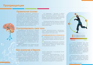 Проприоцепция
Страница 7 ADELI Medical Center
С самого рождения наш мозг
учится контролировать движения.
Это происходит за счет обмена
сигналами между мозгом и телом -
такой процесс обучения происходит
на протяжении всей жизни - в форме
непрерывной передачи сообщений
путем афферентных и эфферент-
ныхимпульсов(см.выше).
Многочисленные сенсоры нерв-
ной системы (проприо-рецепторы)
постоянно и детально сообщают
мозгу, что в данный момент делает
тело.
Постоянное ощущение собственного По сравнению с обычной и широко
тела и перманентное восприятие собствен- распространенной реабилитацией мото-
ных движений в медицине называется про- рики, проприоцептивная стимуляция
приоцепцией: она представляет собой не- обладает более глубоким воздействием при
прерывный поток информации от тела к леченииневрологическихдефицитов.
мозгу. Мозг безостановочно принимает эти
данные, и - анализируя их - учится правиль- Проприоцепция дает импульсы нервной
но использовать силы тела во время движе- системе именно там, где возникло повреж-
ния: например, при вставании, ходьбе, во дение, создавая лучшую основу для успеш-
времяпринятияпищи,разговораит.д. нойреабилитации.
E
A
A
E
Поток афферентных импульсов
Поток эфферентных импульсов
Патология Норма
Поврежденная центральная нервная рующих физиологическую проприоцеп-
система посылает телу изначально непра- цию и обеспечивающих мозг «здоровой»
вильные сигналы – внешне это выражается информацией.Этогодостигают
в плохом контроле движений, неправиль-
ной осанке и нарушении речевой функции.
Неправильно выполненные движения индивидуальными активными и пассив-
посылаютобратнопорочнуюинформацию, ными двигательными упражнениями под
которуюмозгпытаетсяпроанализироватьи руководством профессиональных терапев-
запомнить. На языке медицины такие сиг- тов,
налы называются патологической про- применением специальных устройств,
приоцепцией. усиливающихафферентнуюимпульсацию.
АДЕЛИ прерывает этот замкнутый круг Таким образом, пациенты заново учатся
рядом специальных процедур, стимули- контролироватьсвоетело.
По всей Европе едва ли найдется ческой неврологии и российской косми-
реабилитационный центр помимо АДЕЛИ, ческоймедицины.
в котором проприоцептивная стимуляция Пациенты целенаправленно, по не-
проводится с такой интенсивностью, инди- скольку часов в день учатся сидеть, стоять,
видуальностьюиразнообразиемподходов. ходить, есть и говорить. Шаг за шагом де-
В АДЕЛИ Центре пациенты имеют доступ лать значительные успехи и повышать ка-
к видам лечения, основанным на новых чество жизни им помогает их интердисци-
достижениях австрийско-немецкой косми- плинарнаякомандаиз6-7специалистов.
Без аналогов в Европе
Контролировать свое тело
Правильная основа
квалифицированные специалисты
 