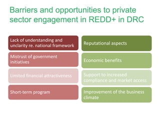 Barriers and opportunities to private
sector engagement in REDD+ in DRC
Lack of understanding and
unclarity re. national framework
Mistrust of government
initiatives
Limited financial attractiveness
Short-term program
Reputational aspects
Economic benefits
Support to increased
compliance and market access
Improvement of the business
climate
 