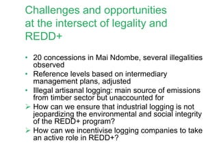 Challenges and opportunities
at the intersect of legality and
REDD+
• 20 concessions in Mai Ndombe, several illegalities
observed
• Reference levels based on intermediary
management plans, adjusted
• Illegal artisanal logging: main source of emissions
from timber sector but unaccounted for
 How can we ensure that industrial logging is not
jeopardizing the environmental and social integrity
of the REDD+ program?
 How can we incentivise logging companies to take
an active role in REDD+?
 