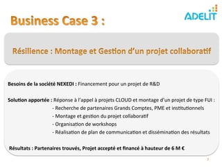  
Besoins	
  de	
  la	
  société	
  NEXEDI	
  :	
  Financement	
  pour	
  un	
  projet	
  de	
  R&D	
  	
  
	
  
Solu?on	
  apportée	
  :	
  Réponse	
  à	
  l’appel	
  à	
  projets	
  CLOUD	
  et	
  montage	
  d’un	
  projet	
  de	
  type	
  FUI	
  :	
  	
  
            	
              	
  -­‐	
  Recherche	
  de	
  partenaires	
  Grands	
  Comptes,	
  PME	
  et	
  ins)tu)onnels	
  
            	
              	
  -­‐	
  Montage	
  et	
  ges)on	
  du	
  projet	
  collabora)f	
  
            	
              	
  -­‐	
  Organisa)on	
  de	
  workshops	
  
            	
              	
  -­‐	
  Réalisa)on	
  de	
  plan	
  de	
  communica)on	
  et	
  dissémina)on	
  des	
  résultats	
  
	
  
	
  Résultats	
  :	
  Partenaires	
  trouvés,	
  Projet	
  accepté	
  et	
  ﬁnancé	
  à	
  hauteur	
  de	
  6	
  M	
  €	
  	
  
	
                                                                                                                                7	
  
 