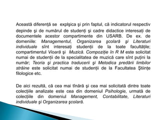 Această diferenţă se explşica şi prin faptul, că indicatorul respectiv
depinde şi de numărul de studenţi şi cadre didactice interesaţi de
documentele acestor compartimente din USARB. De ex. de
domeniile: Managementul, Organizarea şcolară şi Literaturi
individuale sînt interesaţi studenţii de la toate facultăţile;
compartimentul Vioară şi Muzică. Compoziţie în R M este solicitat
numai de studenţii de la specialitatea de muzică care sînt puţini la
număr; Teoria şi practica traducerii şi Metodica predării limbilor
străine este solicitat numai de studenţii de la Facultatea Ştiinţe
filologice etc.
De aici rezultă, că cea mai tînără şi cea mai solicitată dintre toate
colecţiile analizate este cea din domeniul Psihologie, urmată de
colecţiile din domeniul Management, Contabilitate, Literaturi
individuale şi Organizarea şcolară.
 