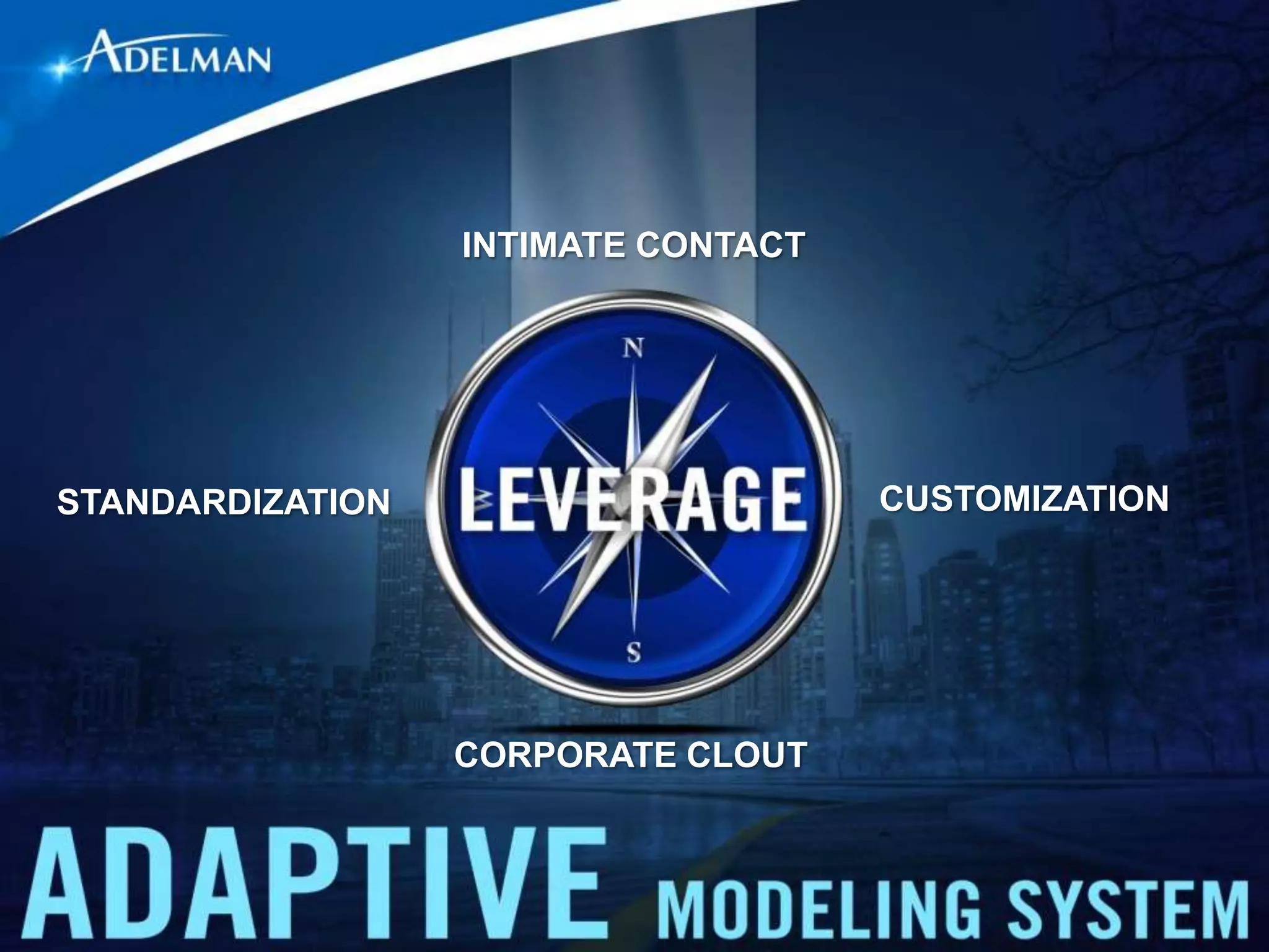 INTIMATE CONTACT




STANDARDIZATION                      CUSTOMIZATION




                  CORPORATE CLOUT
 