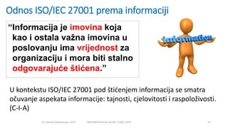 Odnos ISO/IEC 27001 prema informaciji
Dr. Zdenko Adelsberger, 2015 IMPLEMENTACIJA ISO/IEC 27001:2013 14
“Informacija je im...